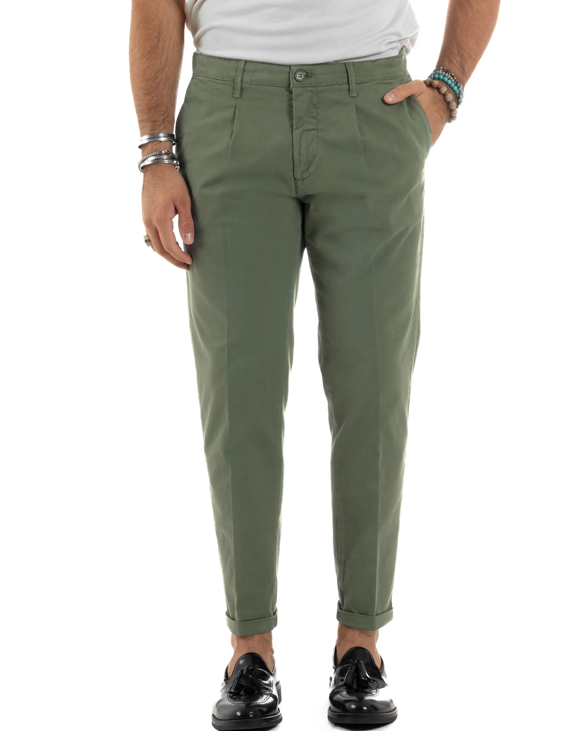 Pantaloni Uomo Cotone Chino Tasca America Capri Basic Sartoriale Slim Fit Casual Verde Militare GIOSAL-P6262A