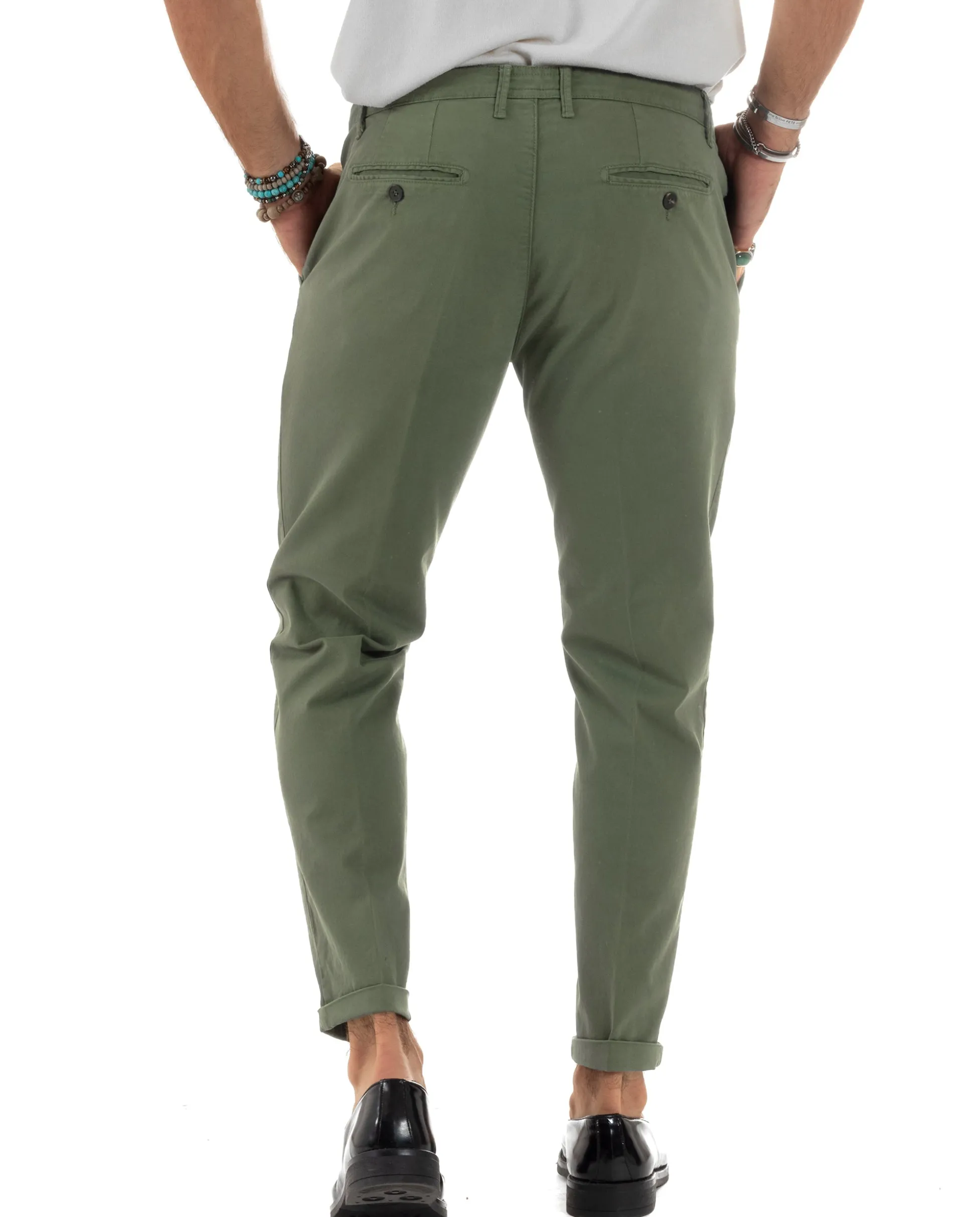 Pantaloni Uomo Cotone Chino Tasca America Capri Basic Sartoriale Slim Fit Casual Verde Militare GIOSAL-P6262A