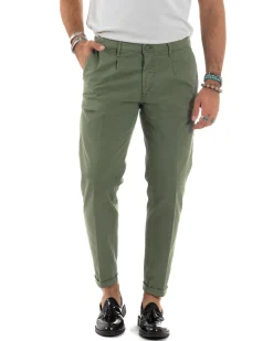 Pantaloni Uomo Cotone Chino Tasca America Capri Basic Sartoriale Slim Fit Casual Verde Militare GIOSAL-P6262A
