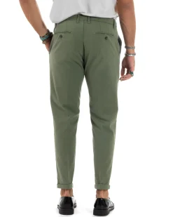 Pantaloni Uomo Cotone Chino Tasca America Capri Basic Sartoriale Slim Fit Casual Verde Militare GIOSAL-P6262A