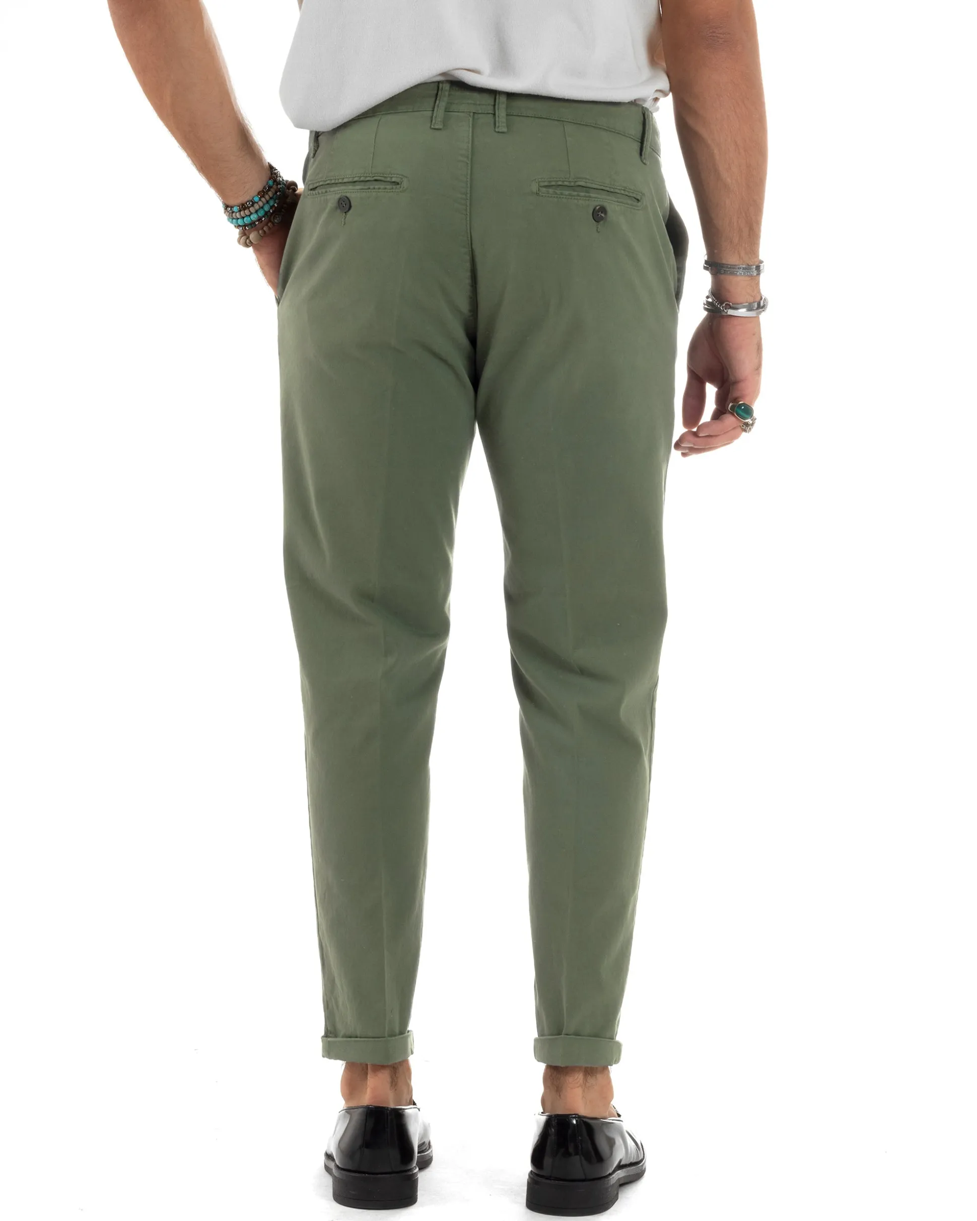 Pantaloni Uomo Cotone Chino Tasca America Capri Basic Sartoriale Slim Fit Casual Verde Militare GIOSAL-P6262A