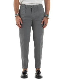 Pantaloni Uomo Cotone Chino Tasca America Capri Basic Sartoriale Slim Fit Casual Grigio Scuro GIOSAL-P6311A