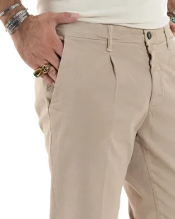 Pantaloni Uomo Cotone Chino Tasca America Capri Basic Sartoriale Slim Fit Casual Beige GIOSAL-P6307A