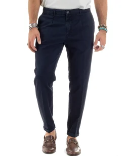 Pantaloni Uomo Cotone Chino Tasca America Capri Basic Sartoriale Slim Fit Casual Blu GIOSAL-P6308A