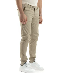 Pantaloni Uomo Cotone Raso Con Tasca America Slim Fit Con Abbottonatura Allungata Casual Tinta Unita Beige GIOSAL-P6060A