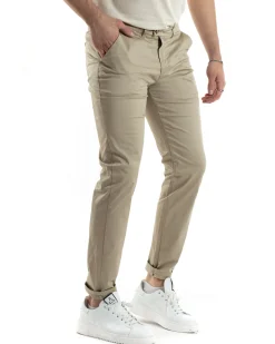 Pantaloni Uomo Cotone Raso Con Tasca America Slim Fit Con Abbottonatura Allungata Casual Tinta Unita Beige GIOSAL-P6060A