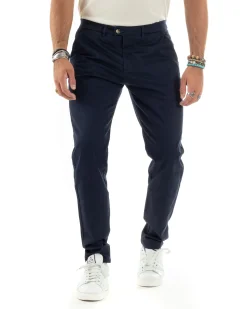 Pantaloni Uomo Cotone Raso Invernale Chinos Abbottonatura Allungata Tasca America Slim Fit Tinta Unita Blu GIOSAL-P6143A