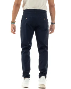 Pantaloni Uomo Cotone Raso Invernale Chinos Abbottonatura Allungata Tasca America Slim Fit Tinta Unita Blu GIOSAL-P6143A