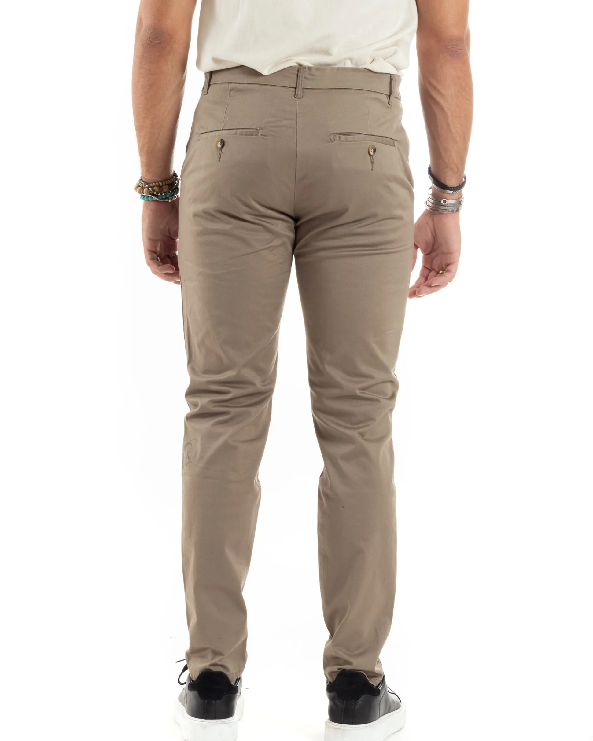 Pantaloni Uomo Cotone Raso Invernale Chinos Abbottonatura Allungata Tasca America Slim Fit Tinta Unita Beige GIOSAL-P6144A