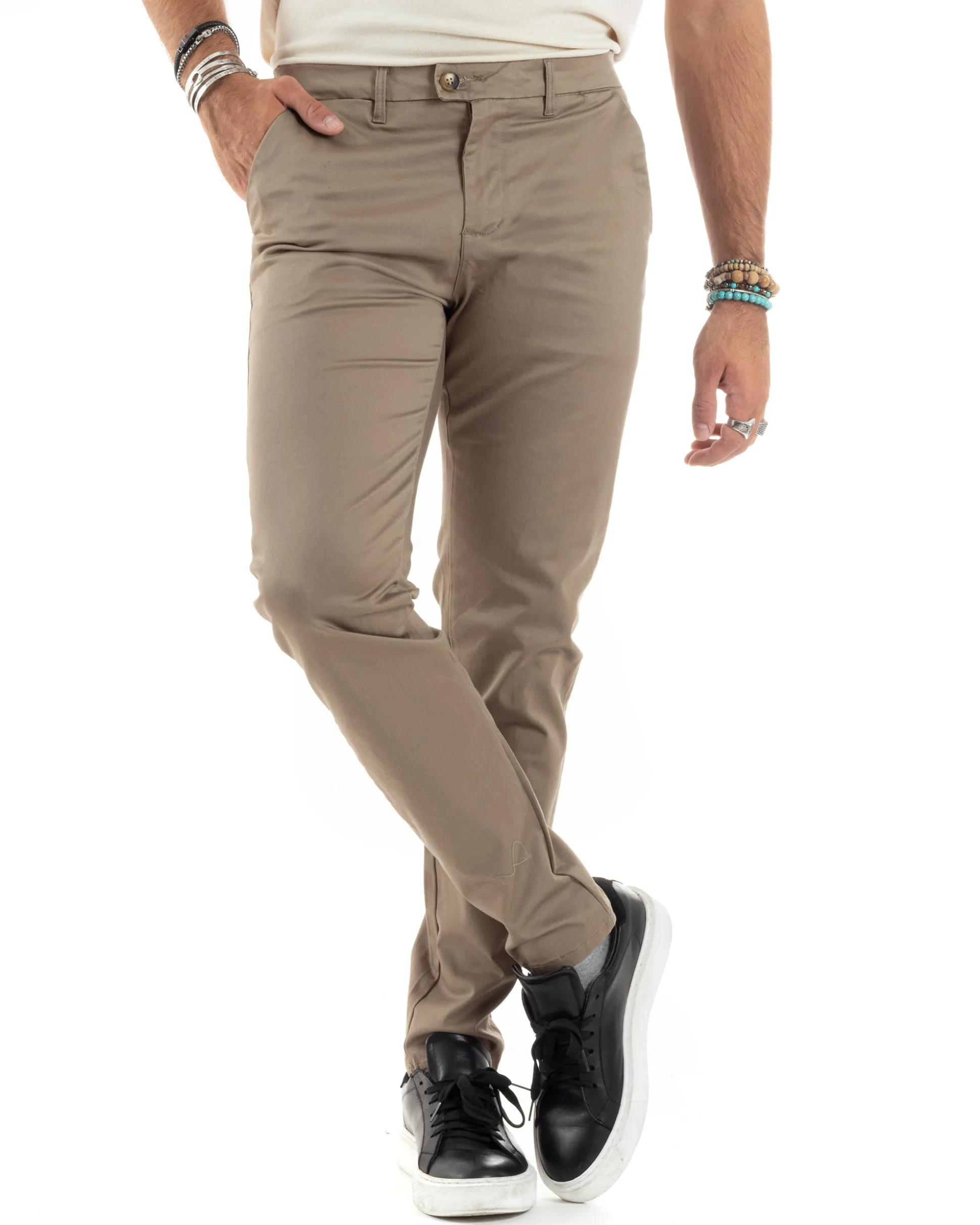 Pantaloni Uomo Cotone Raso Invernale Chinos Abbottonatura Allungata Tasca America Slim Fit Tinta Unita Beige GIOSAL-P6144A