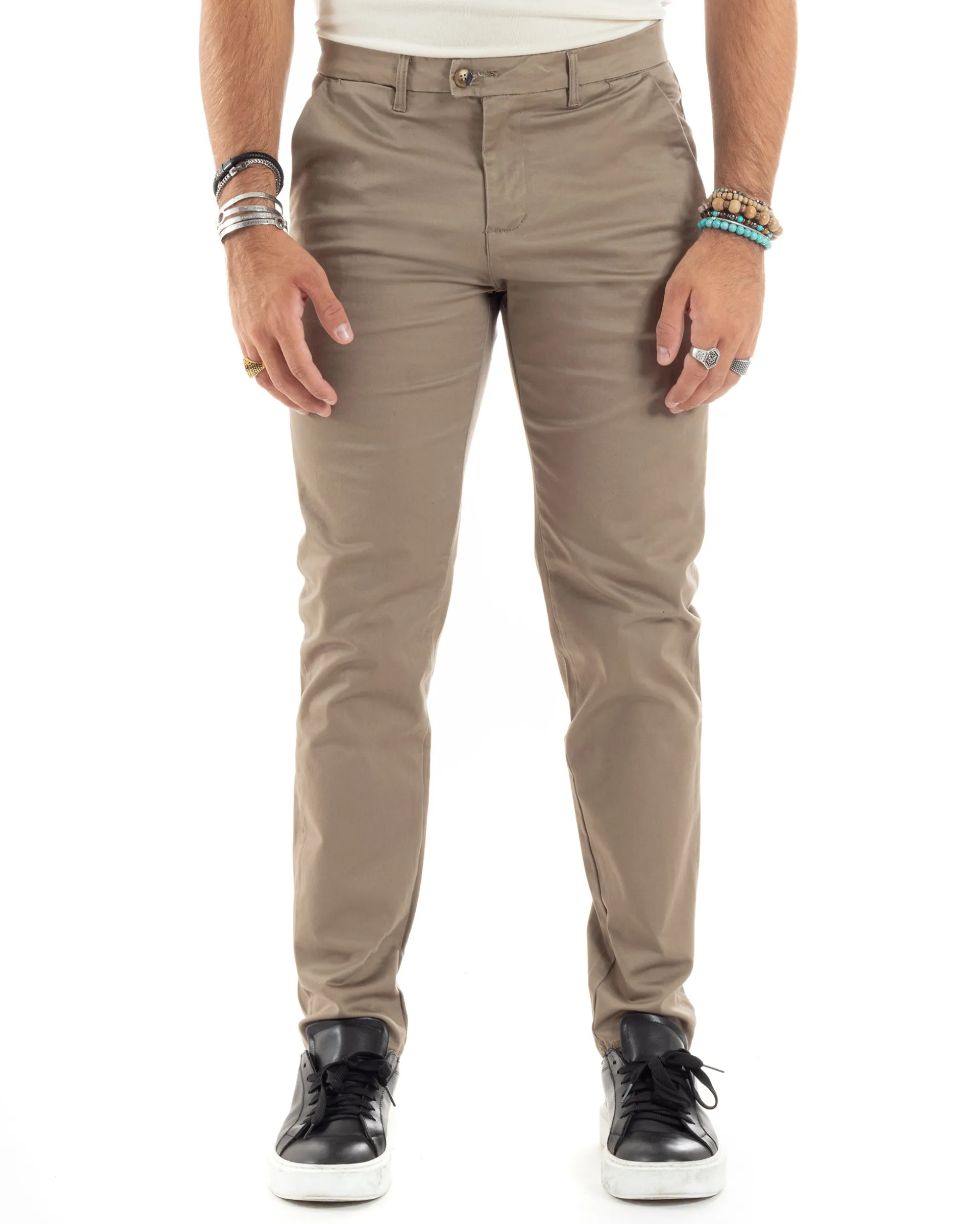 Pantaloni Uomo Cotone Raso Invernale Chinos Abbottonatura Allungata Tasca America Slim Fit Tinta Unita Beige GIOSAL-P6144A