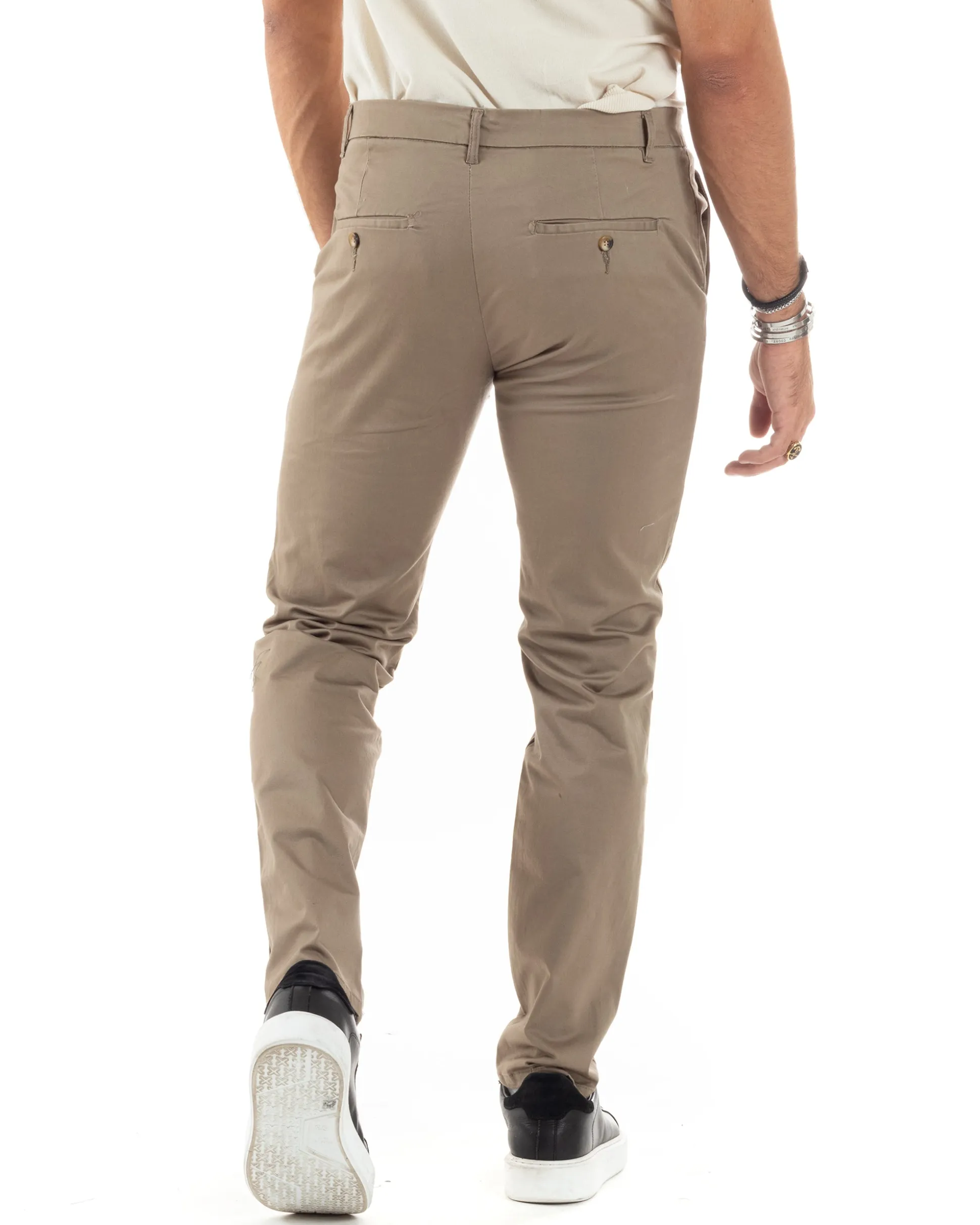 Pantaloni Uomo Cotone Raso Invernale Chinos Abbottonatura Allungata Tasca America Slim Fit Tinta Unita Beige GIOSAL-P6144A