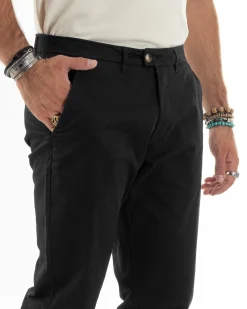 Pantaloni Uomo Cotone Raso Invernale Chinos Abbottonatura Allungata Tasca America Slim Fit Tinta Unita Nero GIOSAL-P6145A