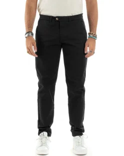Pantaloni Uomo Cotone Raso Invernale Chinos Abbottonatura Allungata Tasca America Slim Fit Tinta Unita Nero GIOSAL-P6145A