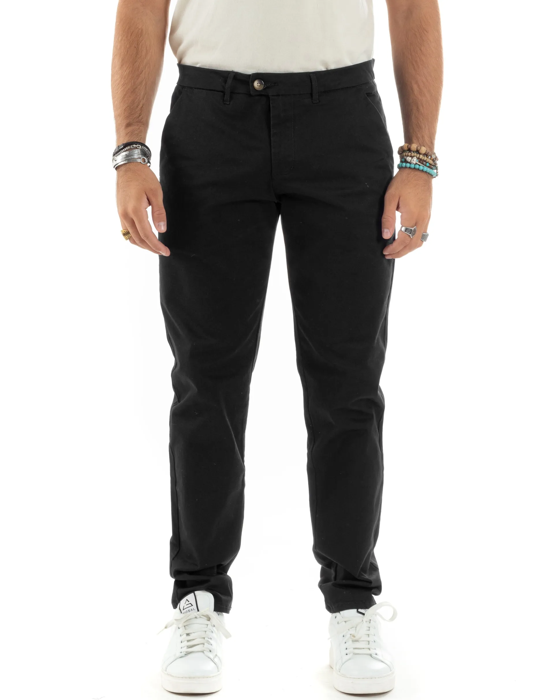 Pantaloni Uomo Cotone Raso Invernale Chinos Abbottonatura Allungata Tasca America Slim Fit Tinta Unita Nero GIOSAL-P6145A