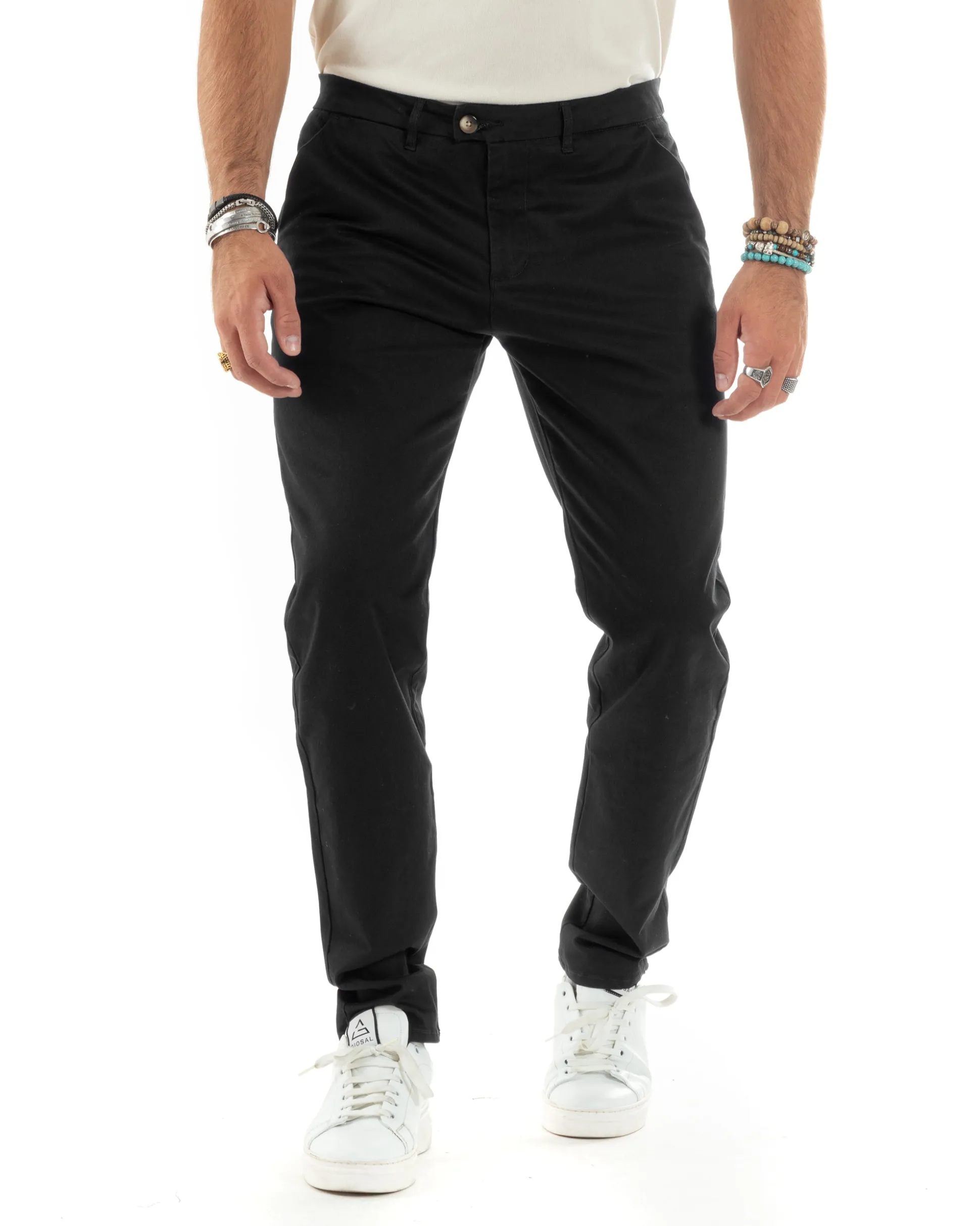 Pantaloni Uomo Cotone Raso Invernale Chinos Abbottonatura Allungata Tasca America Slim Fit Tinta Unita Nero GIOSAL-P6145A