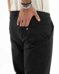 Pantaloni Uomo Cotone Raso Invernale Chinos Abbottonatura Allungata Tasca America Slim Fit Tinta Unita Nero GIOSAL-P6145A