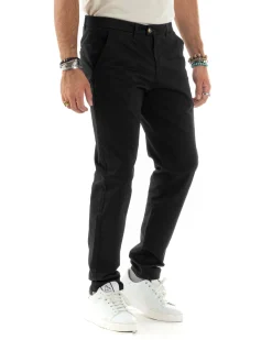 Pantaloni Uomo Cotone Raso Invernale Chinos Abbottonatura Allungata Tasca America Slim Fit Tinta Unita Nero GIOSAL-P6145A