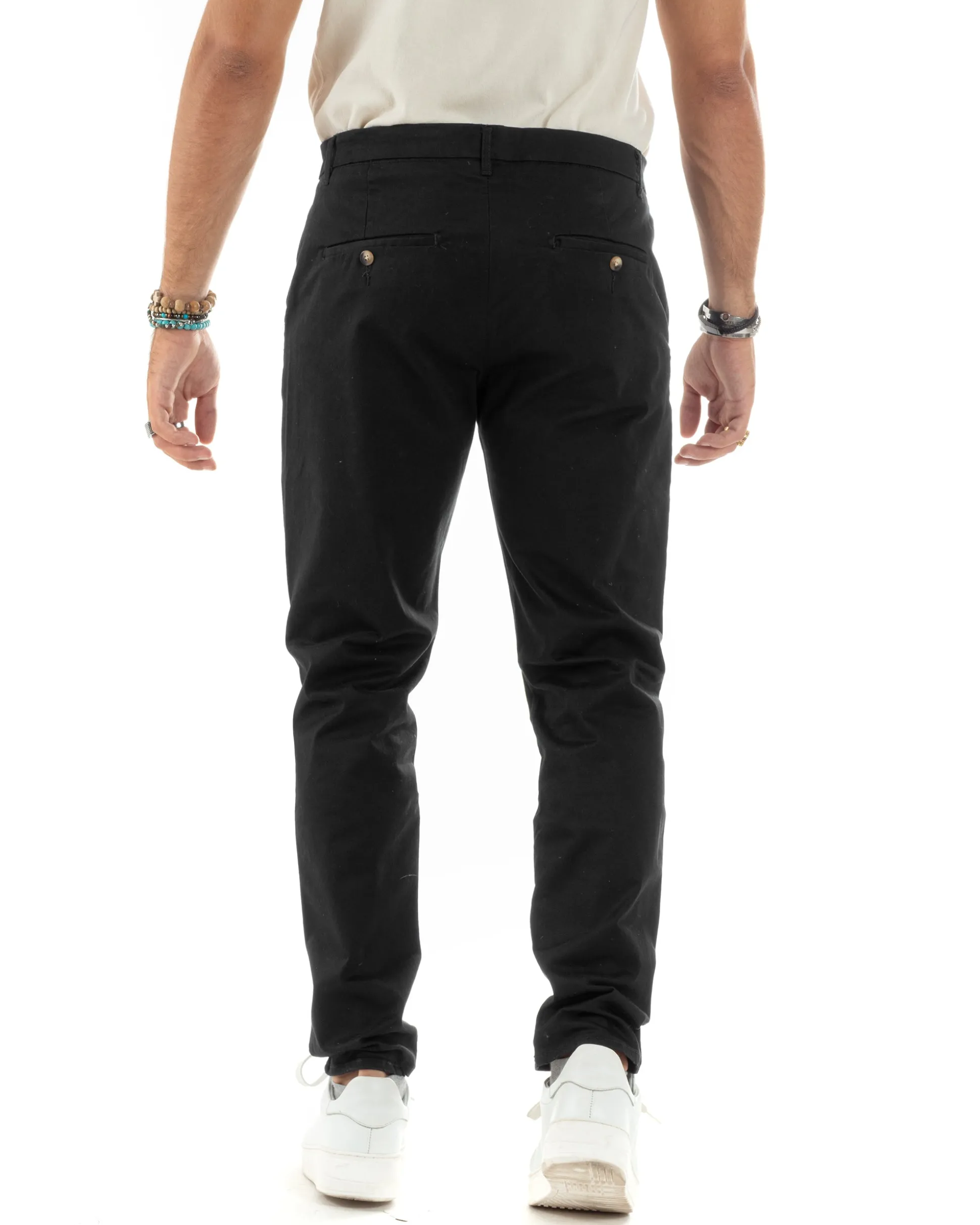 Pantaloni Uomo Cotone Raso Invernale Chinos Abbottonatura Allungata Tasca America Slim Fit Tinta Unita Nero GIOSAL-P6145A