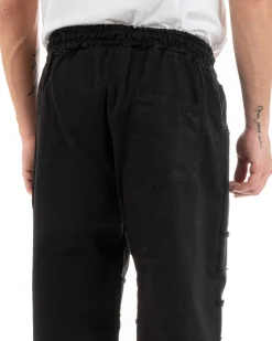 Pantaloni Uomo Denim Jogger Con Rotture Sfrangiato Pantalaccio Con Coulisse Ripped Casual Tinta Unita Nero GIOSAL-P5851A
