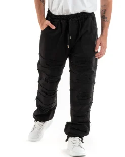 Pantaloni Uomo Denim Jogger Con Rotture Sfrangiato Pantalaccio Con Coulisse Ripped Casual Tinta Unita Nero GIOSAL-P5851A