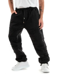 Pantaloni Uomo Denim Jogger Con Rotture Sfrangiato Pantalaccio Con Coulisse Ripped Casual Tinta Unita Nero GIOSAL-P5851A