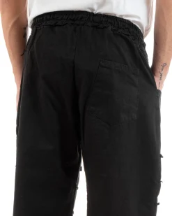 Pantaloni Uomo Denim Jogger Con Rotture Sfrangiato Pantalaccio Con Coulisse Ripped Casual Tinta Unita Nero GIOSAL-P5851A