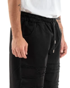 Pantaloni Uomo Denim Jogger Con Rotture Sfrangiato Pantalaccio Con Coulisse Ripped Casual Tinta Unita Nero GIOSAL-P5851A