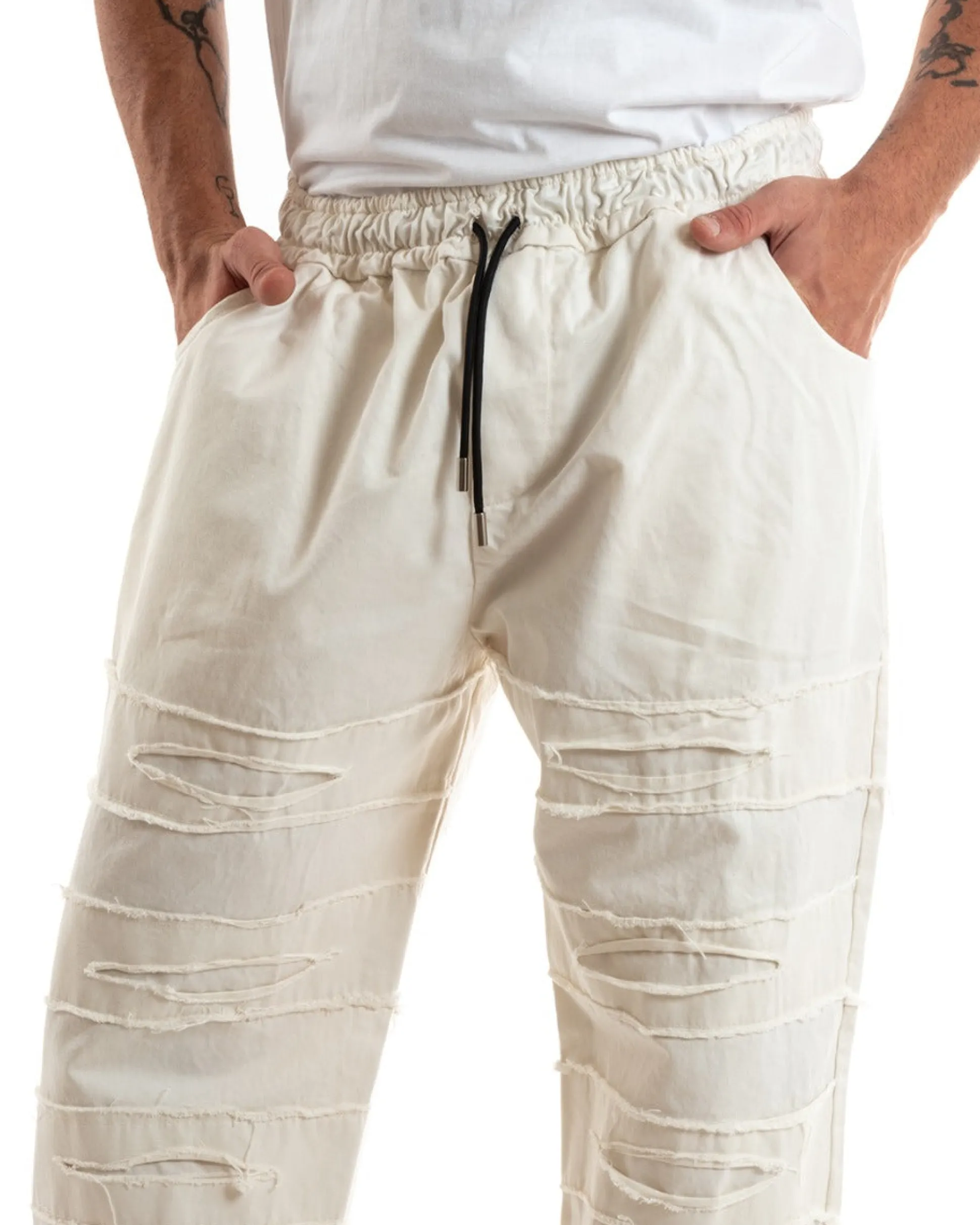 Pantaloni Uomo Denim Jogger Con Rotture Sfrangiato Pantalaccio Con Coulisse Ripped Casual Tinta Unita Panna GIOSAL-P5850A