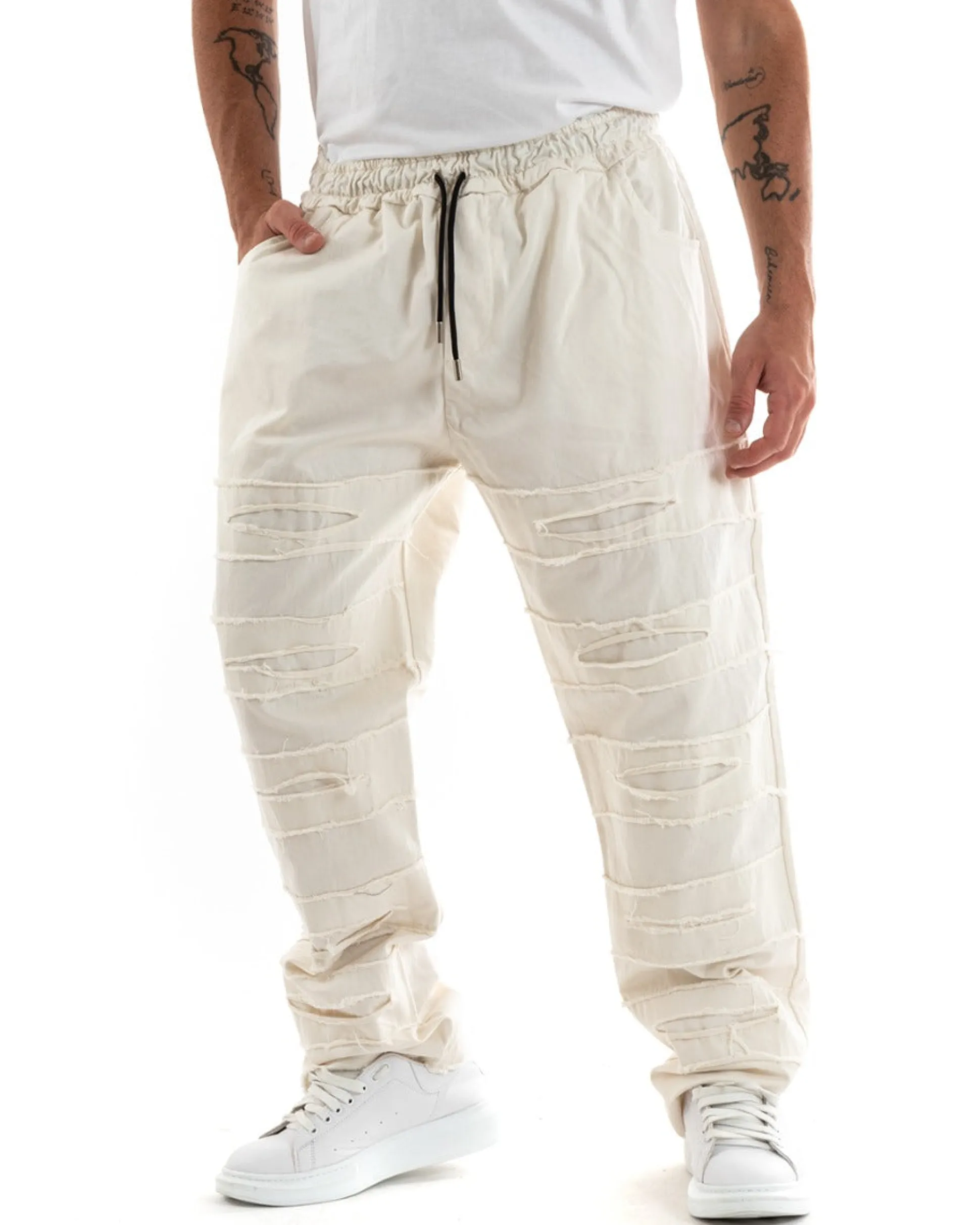 Pantaloni Uomo Denim Jogger Con Rotture Sfrangiato Pantalaccio Con Coulisse Ripped Casual Tinta Unita Panna GIOSAL-P5850A
