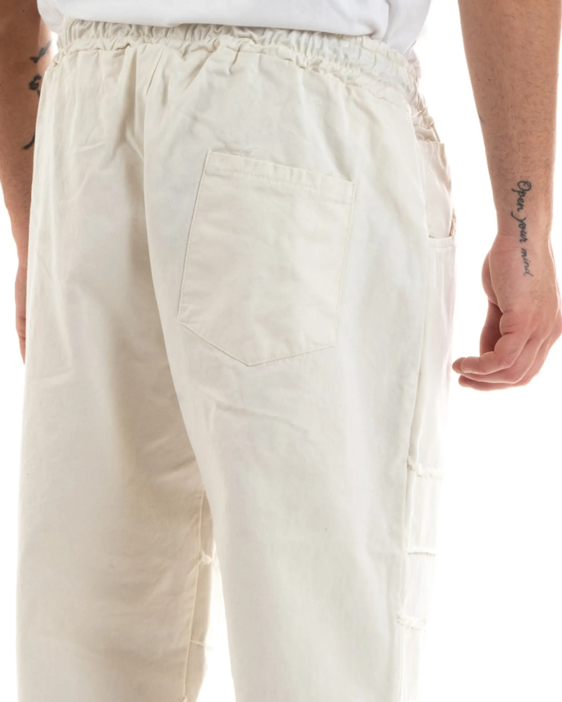 Pantaloni Uomo Denim Jogger Con Rotture Sfrangiato Pantalaccio Con Coulisse Ripped Casual Tinta Unita Panna GIOSAL-P5850A