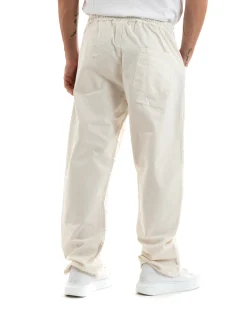 Pantaloni Uomo Denim Jogger Con Rotture Sfrangiato Pantalaccio Con Coulisse Ripped Casual Tinta Unita Panna GIOSAL-P5850A