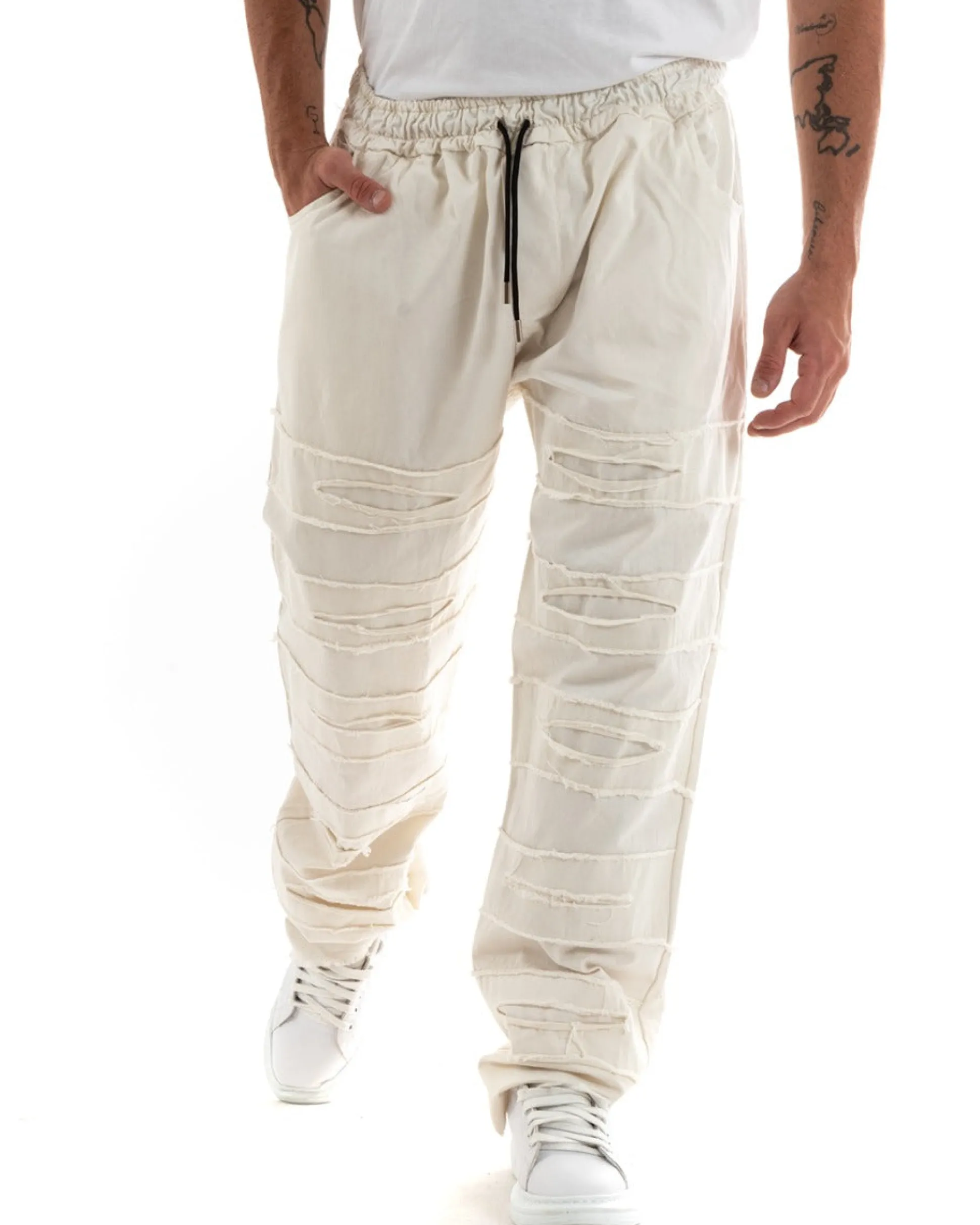 Pantaloni Uomo Denim Jogger Con Rotture Sfrangiato Pantalaccio Con Coulisse Ripped Casual Tinta Unita Panna GIOSAL-P5850A