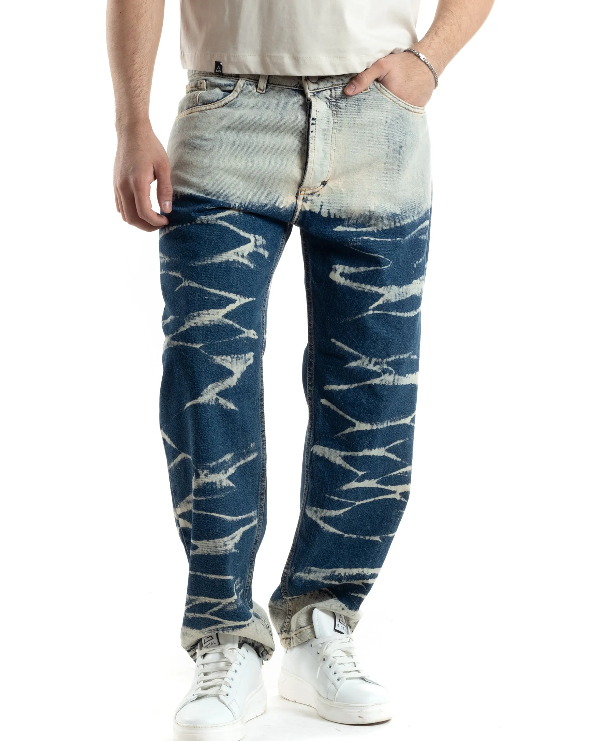 Pantaloni Uomo Jeans Baggy Sabbiato Tie-Dye Denim Fondo Largo Ampio GIOSAL-JS1018A