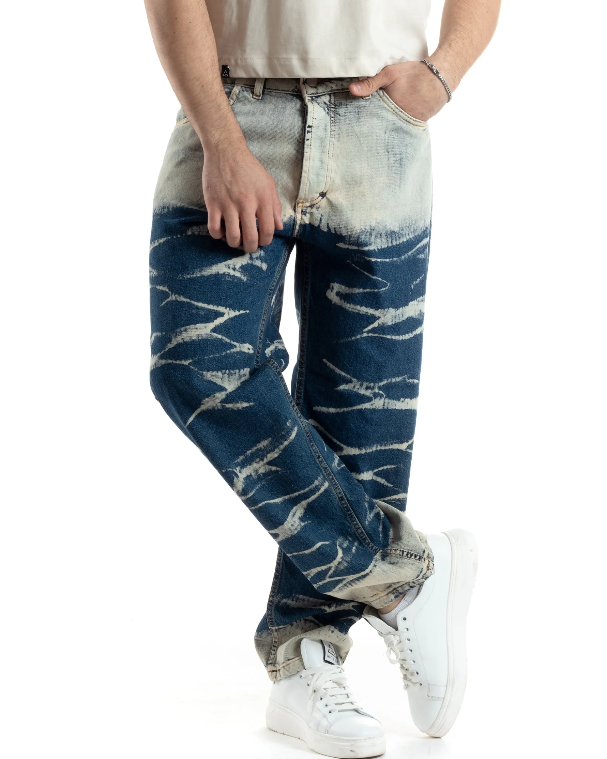 Pantaloni Uomo Jeans Baggy Sabbiato Tie-Dye Denim Fondo Largo Ampio GIOSAL-JS1018A