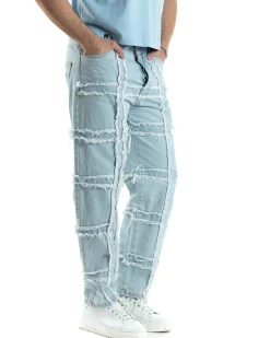 Pantaloni Uomo Jeans Baggy Sfrangiato Denim Chiaro Fondo Largo Ampio GIOSAL-JS1022A
