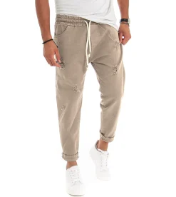 Pantaloni uomo jeans jogger cotone loose fit rotture beige GIOSAL-P3528A