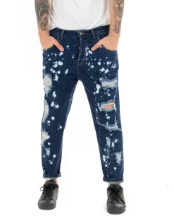 Pantaloni Uomo Jeans Loose Fit Con Rotture Sfrangiato E Macchie Pittura Classico Cinque Tasche Casual Denim Scuro GIOSAL-P5065A