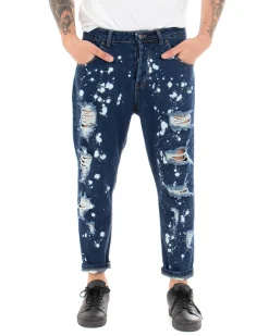 Pantaloni Uomo Jeans Loose Fit Con Rotture Sfrangiato E Macchie Pittura Classico Cinque Tasche Casual Denim Scuro GIOSAL-P5065A
