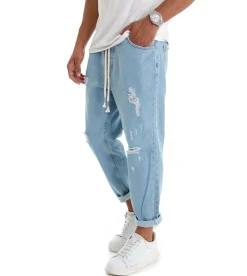 Pantaloni uomo jeans loose fit pantalaccio rotture denim chiaro GIOSAL-P3021A