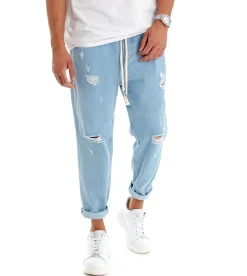 Pantaloni uomo jeans loose fit pantalaccio rotture denim chiaro GIOSAL-P3021A