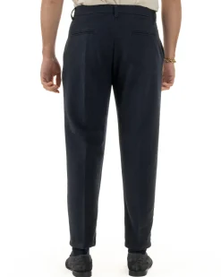 Pantaloni Uomo Lana Abbottonatura Allungata Classico Basic Blu P6437A