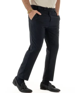 Pantaloni Uomo Lana Abbottonatura Allungata Classico Basic Blu P6437A
