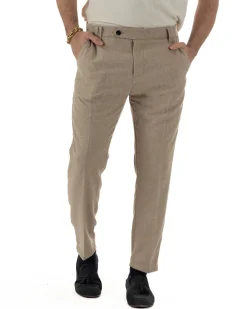 Pantaloni Uomo Lana Abbottonatura Allungata Classico Basic Beige P6433A