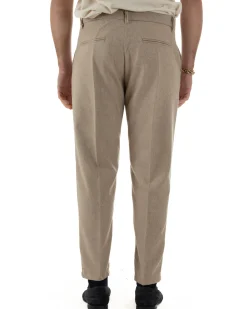 Pantaloni Uomo Lana Abbottonatura Allungata Classico Basic Beige P6433A