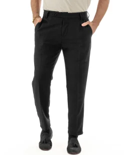 Pantaloni Uomo Lana Abbottonatura Allungata Classico Basic Nero P6434A