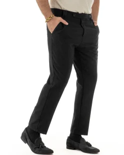 Pantaloni Uomo Lana Abbottonatura Allungata Classico Basic Nero P6434A
