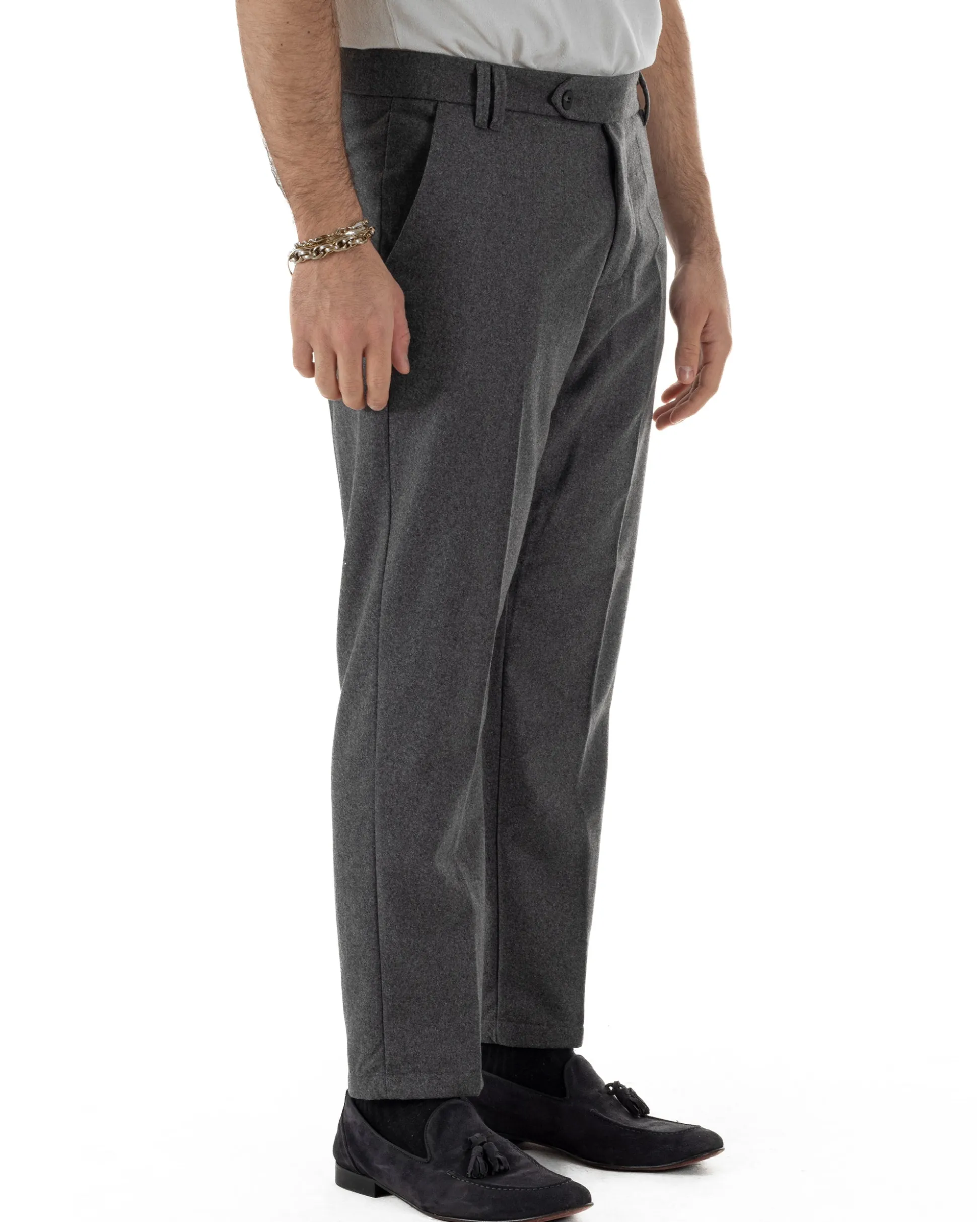 Pantaloni Uomo Lana Abbottonatura Allungata Classico Basic Grigio P6435A