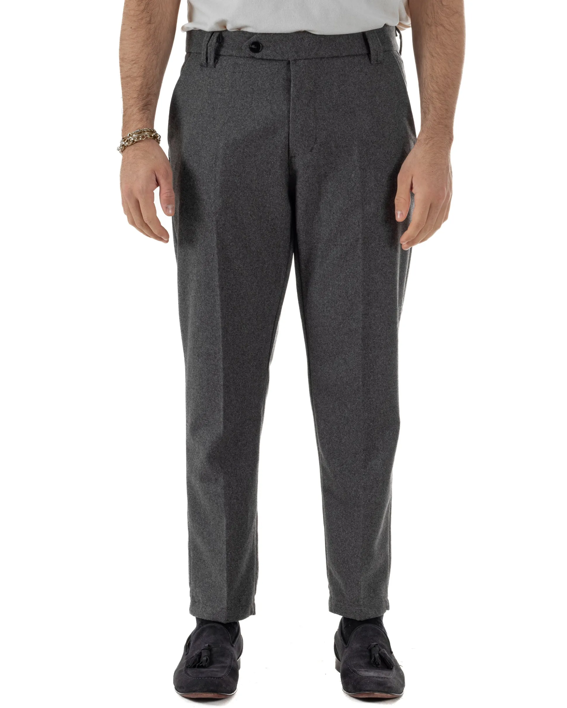Pantaloni Uomo Lana Abbottonatura Allungata Classico Basic Grigio P6435A