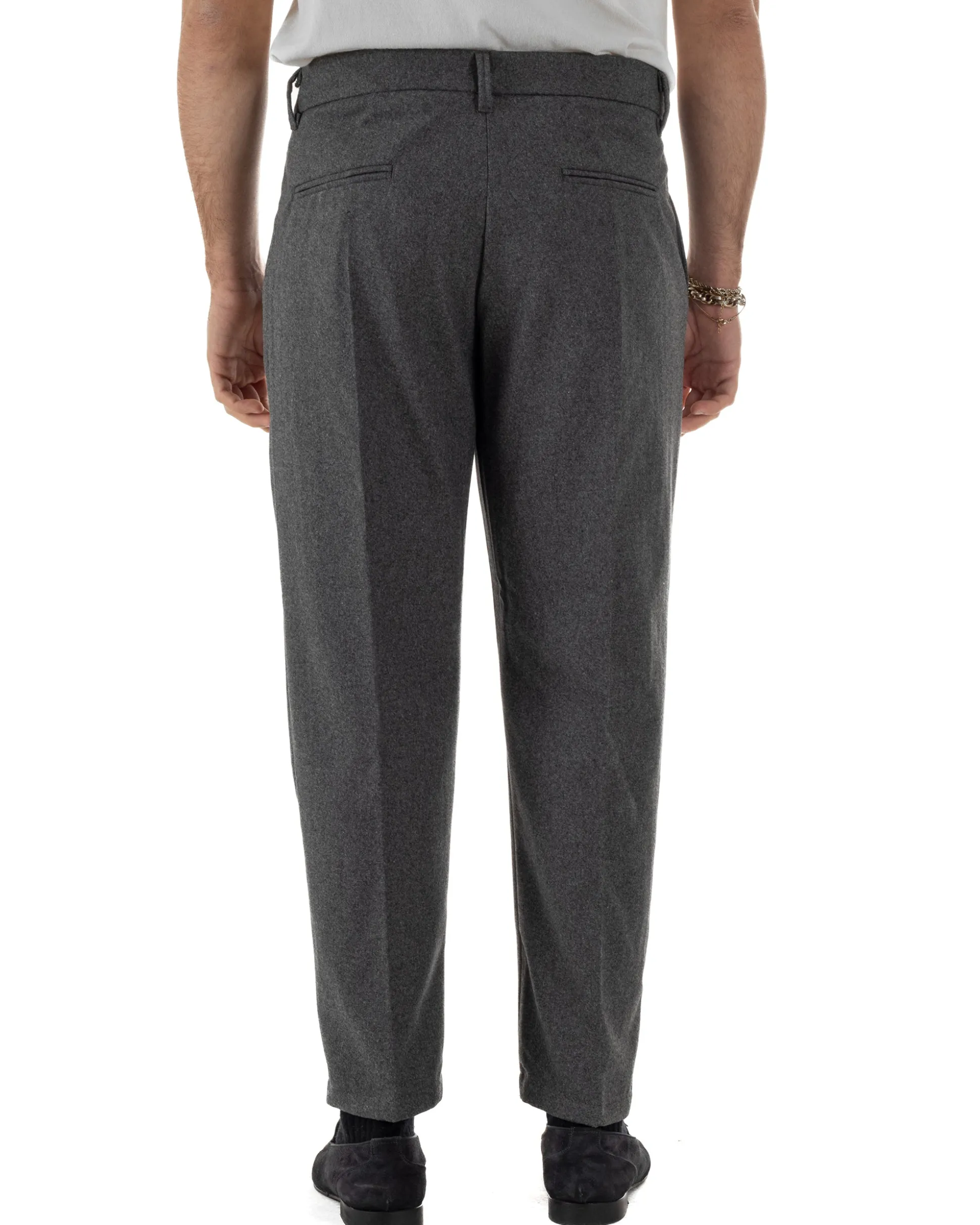 Pantaloni Uomo Lana Abbottonatura Allungata Classico Basic Grigio P6435A